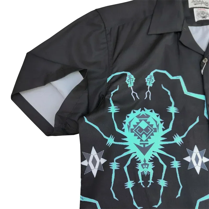 Black Hawaiian Shirts Wolf's Head 1:1 High Quality Men Spider Web Print Oversized Shirts