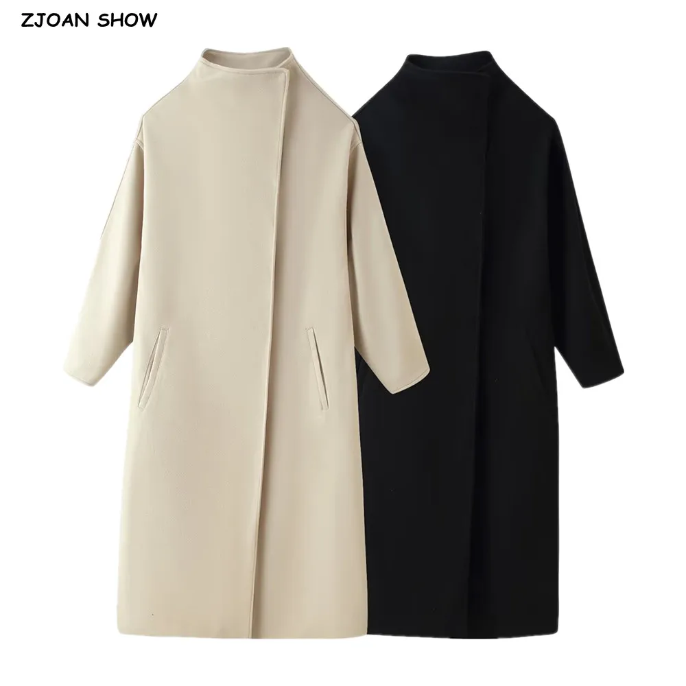 CHIC Autumn Winter Women Apricot Stand Collar Long Woolen Coat Loose Batwing Sleeve Trench Midi Calf Length Outerwear Black