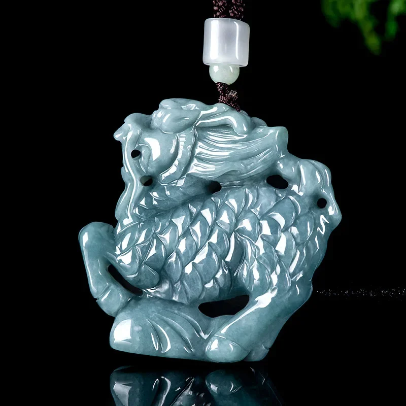 Jiale/natural Jade Blue Water Emerald Three-dimensional Unicorn Blessing Necklace Pendant Men Women Couples Fashion Jewelry Gift