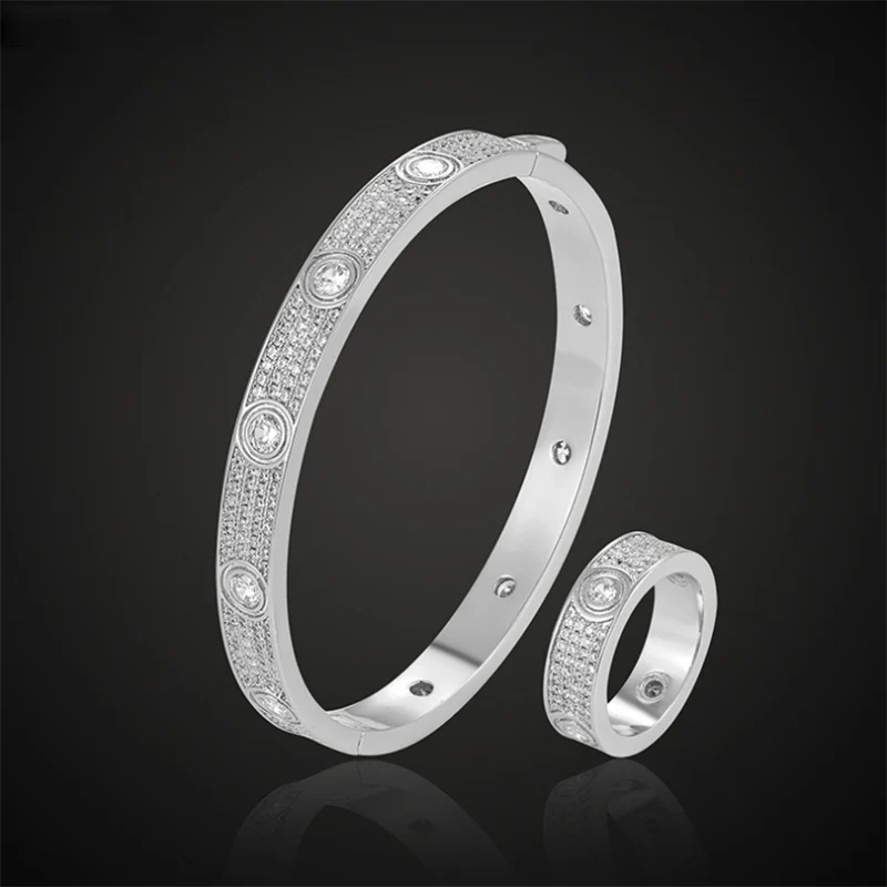 European and American Fashion Love Titanium Micro-Inlaid AAA Zircon Creative Bracelet Ring Set