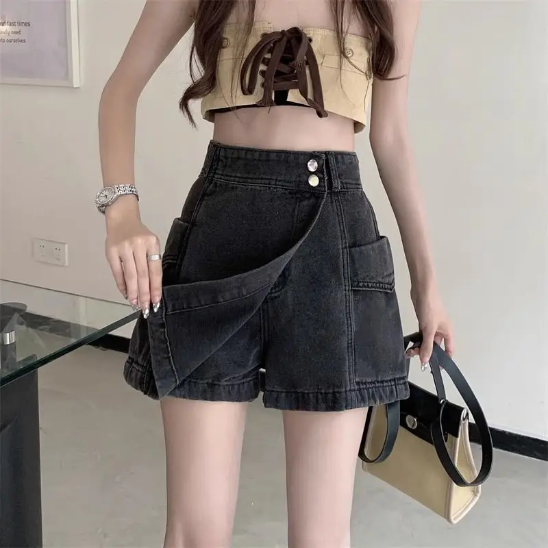 Summer Irregular Skirts Shorts Vintage High Waist Female Clothing Chic Asymmetrical Spliced Pockets Hotsweet A-Line Mini Skirts