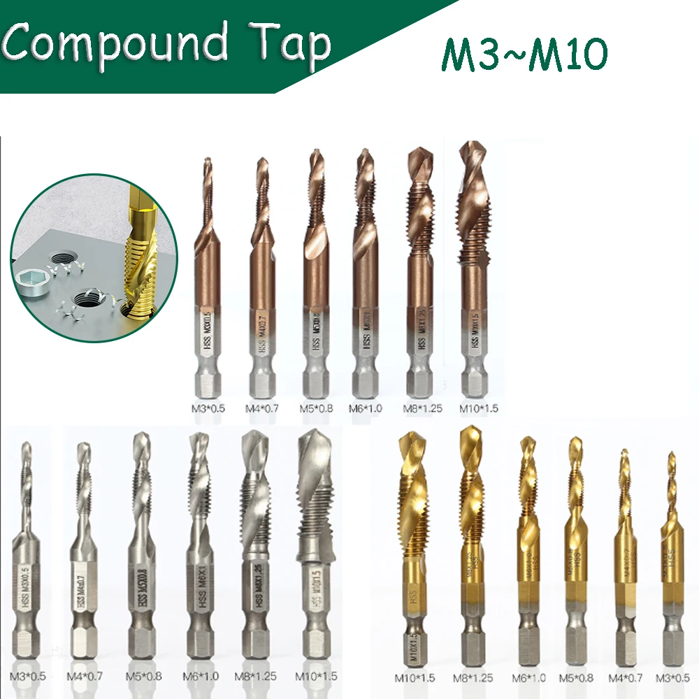 

Compound Metric Tap Titanium Coated Cobalt HSS M3-M10 Machine Screw Thread Plug Tap Screw Taps Set Kit Screw Thread Tap Drill