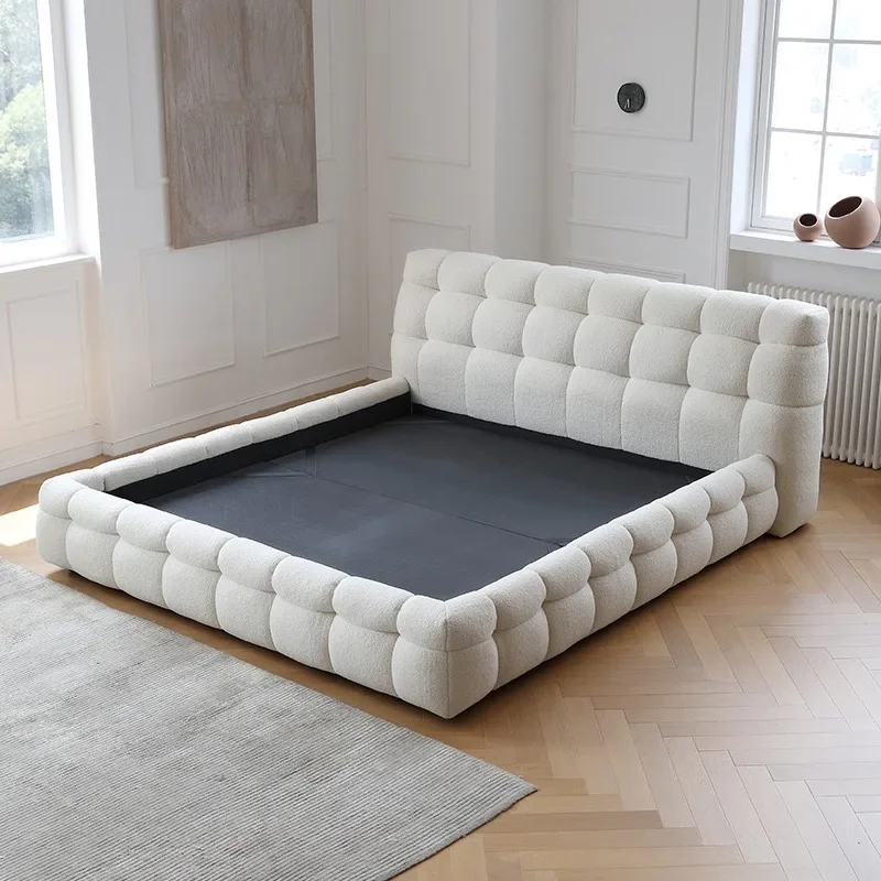 For ATUNUS Italian Soft White Tufted Teddy Boucle Fabric Double Marshmallow Bed Frame Nordic Twin King Bed Room Furniture