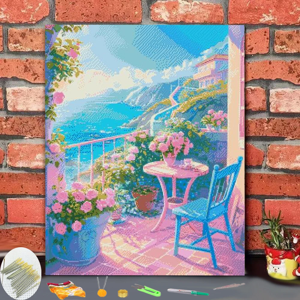 Cross Stitch Beautiful Sea View Room Art Style Thread Chart DIY Needlework Kit Count Print on Can