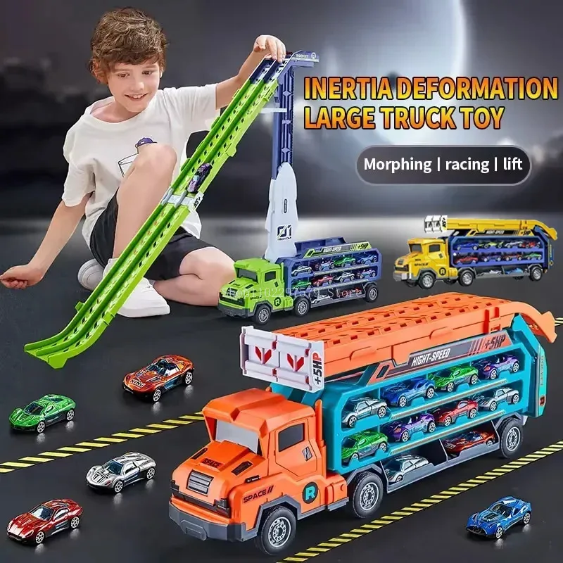 

New Coaster Type Racetrack Car Transporter Track Lift Deformation Foldable With Alloy Trolleys Kid Toy Birthday Gift For Toddler