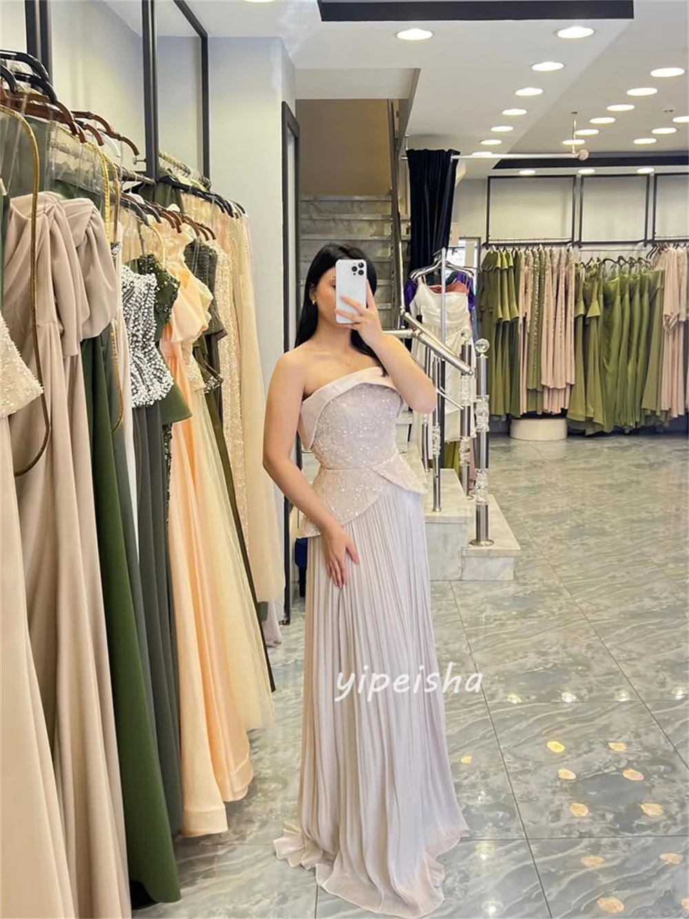 맞춤형 모던 스타일 패션 스팽글 비딩 스트레이트 스트랩리스 롱 드레스 맞춤형 행사 드레스 사이즈 선택 가능 포멀