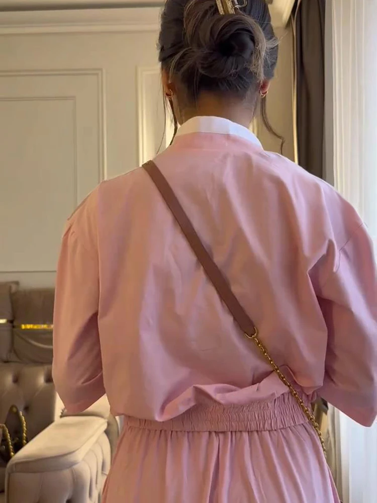 Damen-Hosenanzüge, 2-teilig, V-Ausschnitt, Kurzarm, seitliche Knopfleiste, Schnürung, geraffte Mäntel, plissierte Hosen, schicke Damen-Outfits mit Paneelen – Detail 5