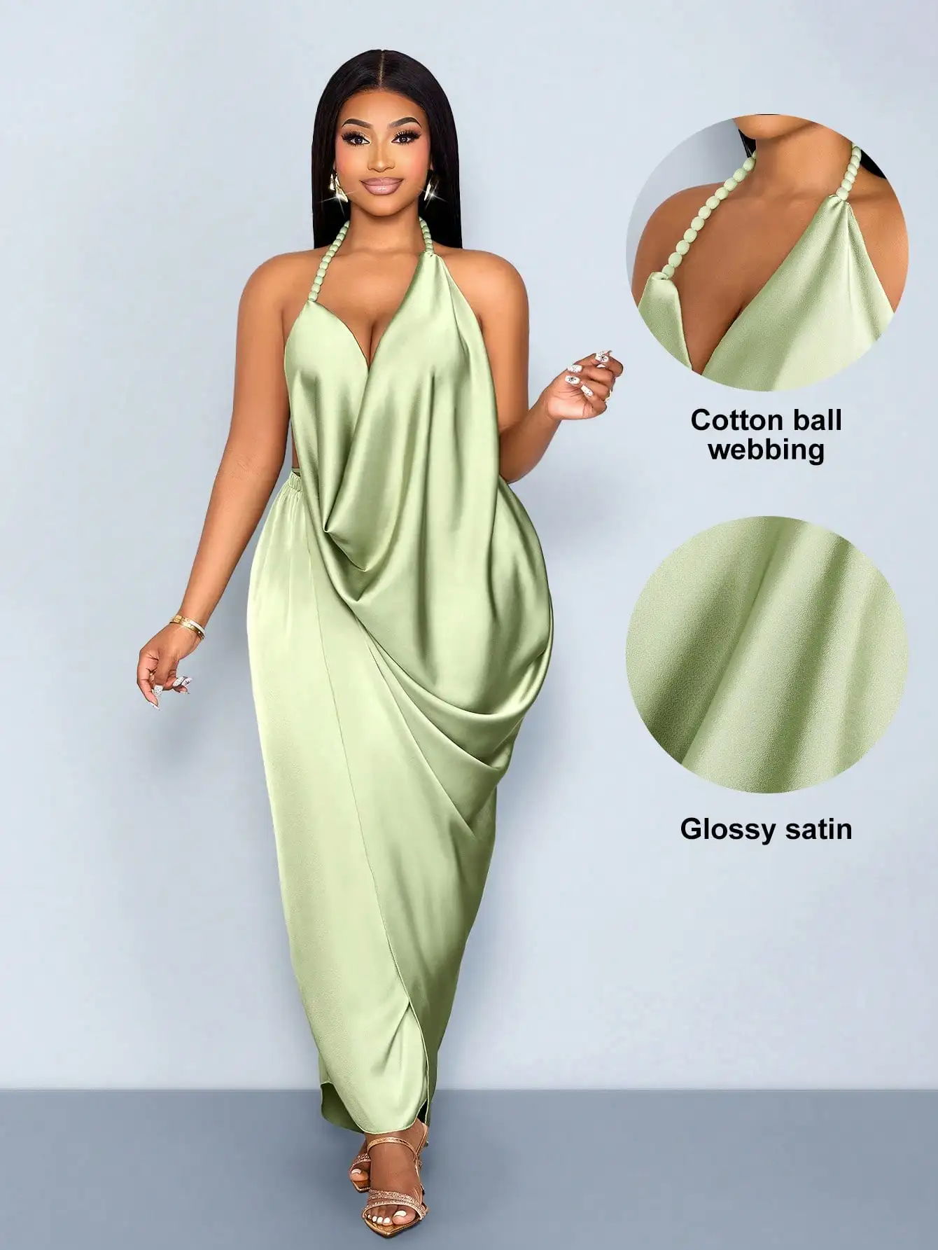 

Plus Size Satin Halter Neck Maxi Dress with Beaded Straps, V-Neck Draped Design