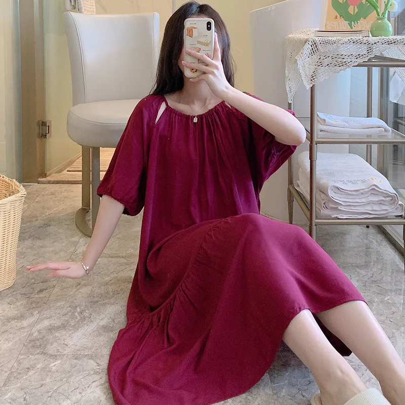Round Neck Pajamas Home Clothes Thin Cotton Silk Nightgown Solid Color Sleepwear Short Sleeve One-piece Dress Women's Clothing