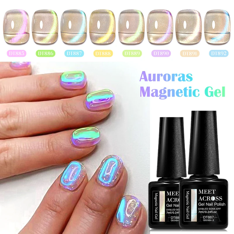 MEET ACROSS 7ml Aurora Cat Magnetic Gel Nail Polish For Nails Glitter Transparent Nail Art Gel Semi-Permanent Varnish Manicure