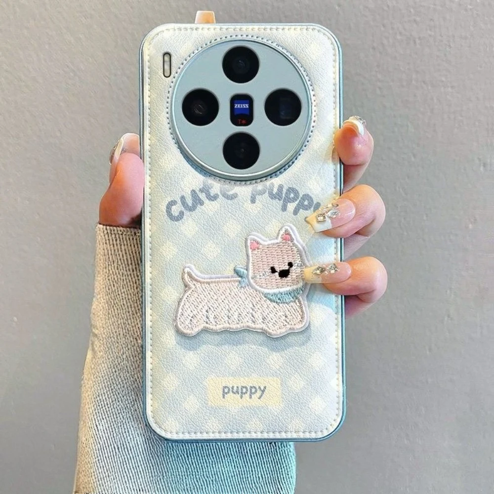 

For VIVO X300 Pro X200 Ultra X200S X100 Cute Puppy Blue Gird Phone Case with Lanyard, Cartoon Dog Shockproof All-inclusive Cover