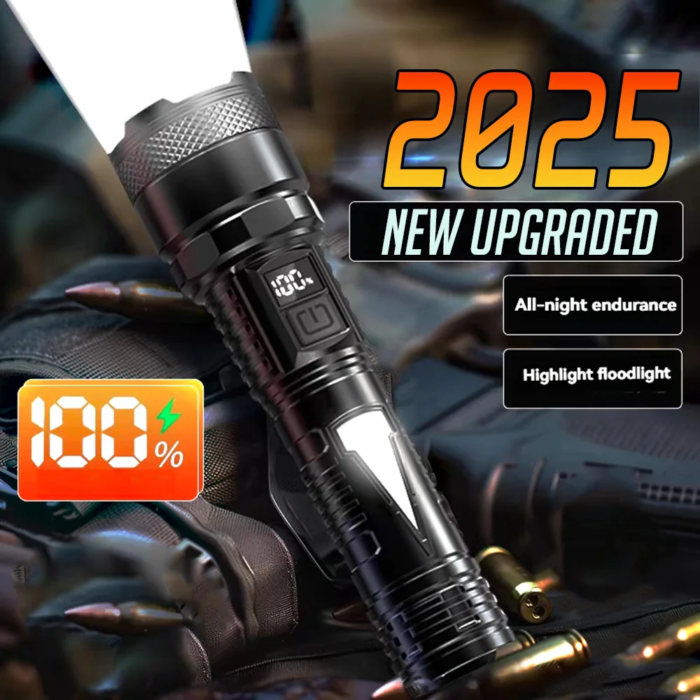 Superhelle LED-Taschenlampe mit großer Reichweite, taktisches Licht, wiederaufladbares USB-Licht, Teleskop-Zoom-Taschenlampe, Camping-Laterne im Freien, 2025