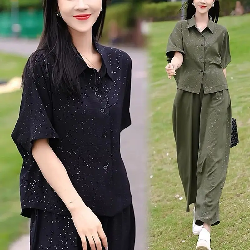 

Summer New Short Sleeve Shirt Two-Piece Set Casual Loose Wide Leg Pants Fashionable Ensemble for Middle-Aged Mothers