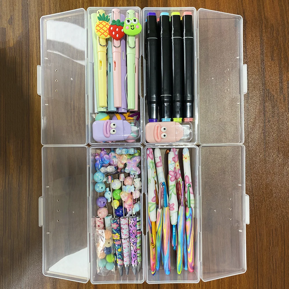 1Pcs Transparent Multifunctional Plastic Pencil Case, Stationery Storage Box for Eraser Bead Hook Brush, Home School Office
