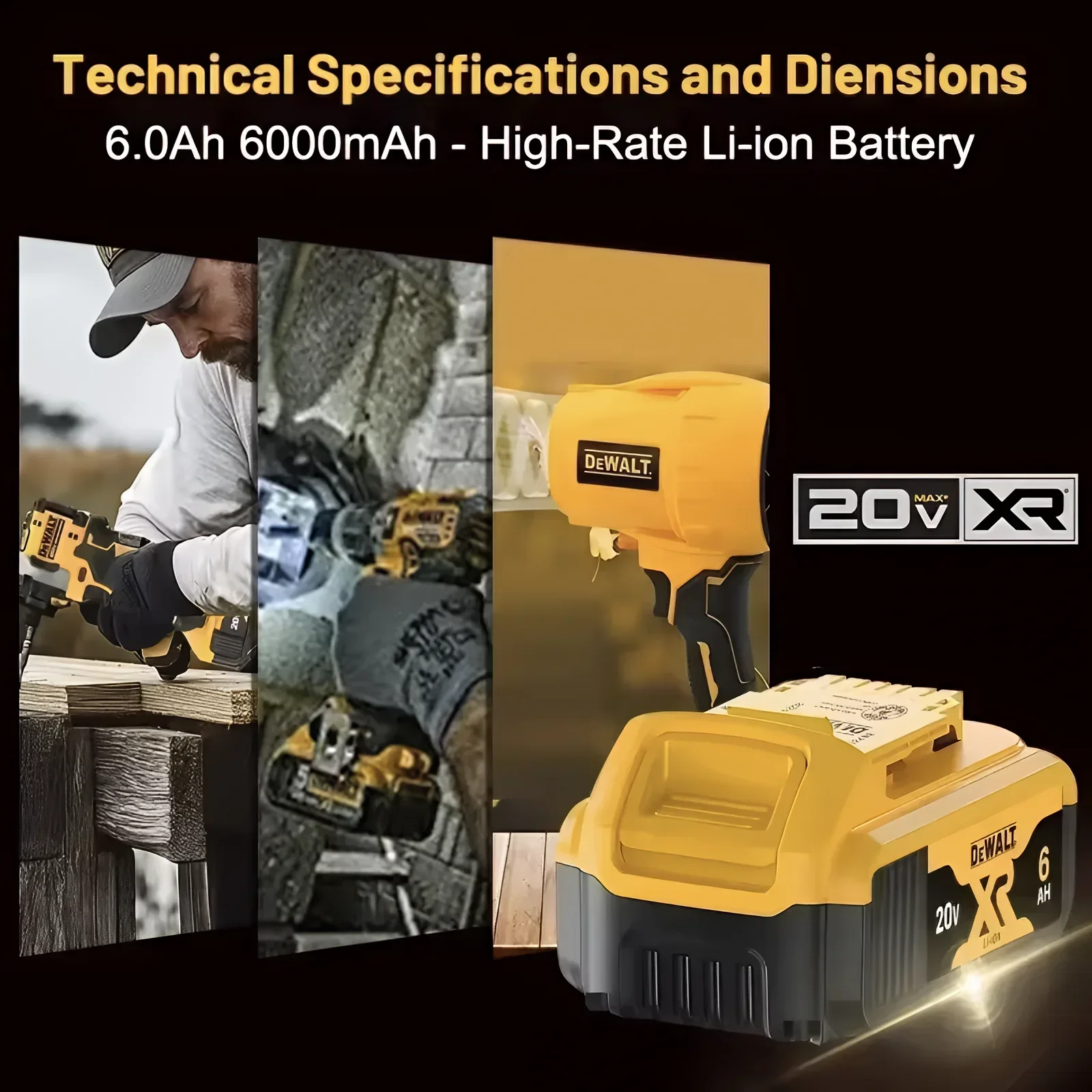 

100% Original Dewalt 20V 6Ah Battery DCB206 XR Lithium Ion Rechargeable Pack Replacement for Cordless Power Tool Set Kit