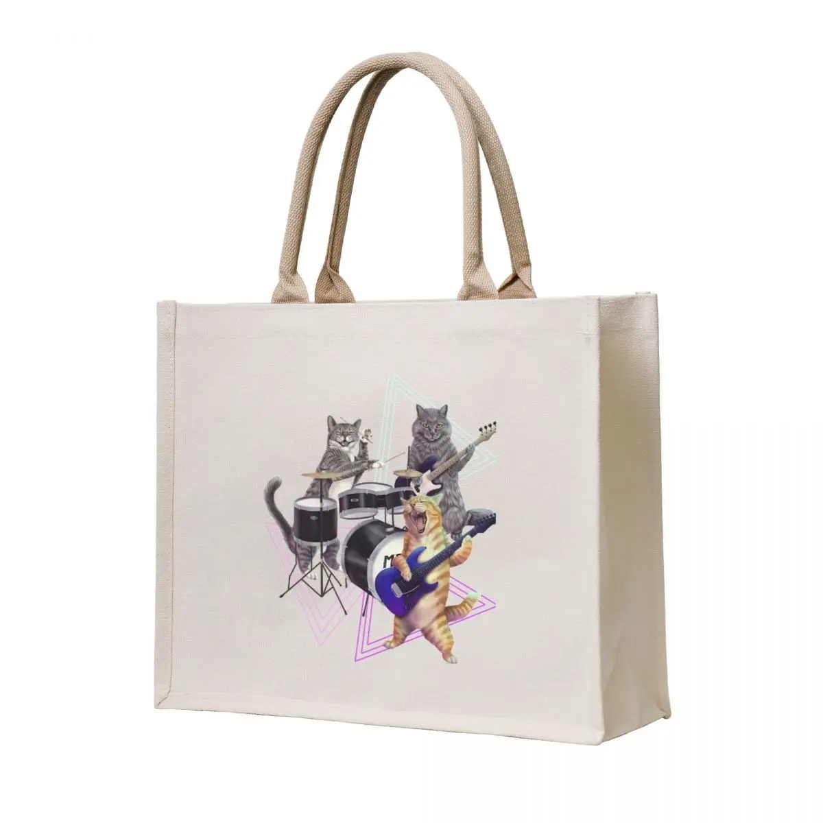 

Cat band- Rock band kitties playing the bass, electric guitar, and drums Tote Bag bag for beach Canvas shoulder bag