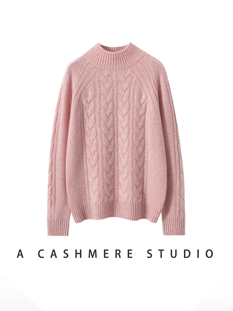 

2025 Women 100%Cashmere Sweater Jacquard Mock Neck Pullover Autumn Winter Slim Basic Cashmere Knitwear Soft Warm Thick Versatile