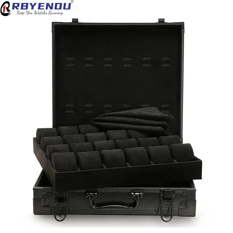 OEM Display Watch Aluminum Alloy Case Leather Suitcase 24+6 Slot Webcast Brand Logo Customization Luxury Watch Storage Case Box