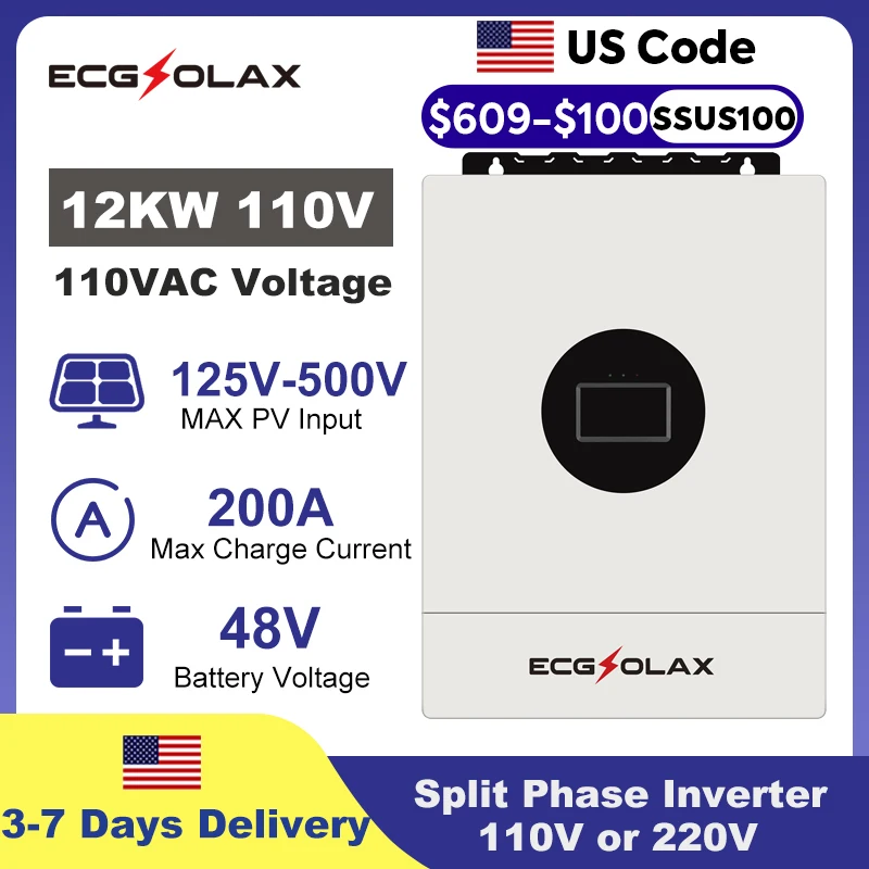 ECGSOLAX 12KW Split Phase Inverter 48V 110V or 220V Hybrid Solar Inverter Dual MPPT Off Grid MPPT 200A Charger Parallel Up to 6