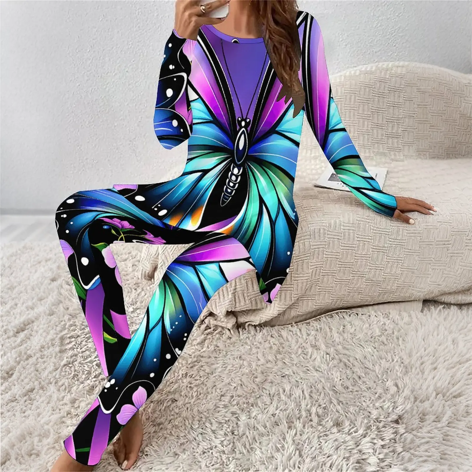 Fashion Tight Pants Elegant Two-piece Set Autumn Daily Long Pants Winter Women's Printed Long-sleeved  Round-neck Retro Suit