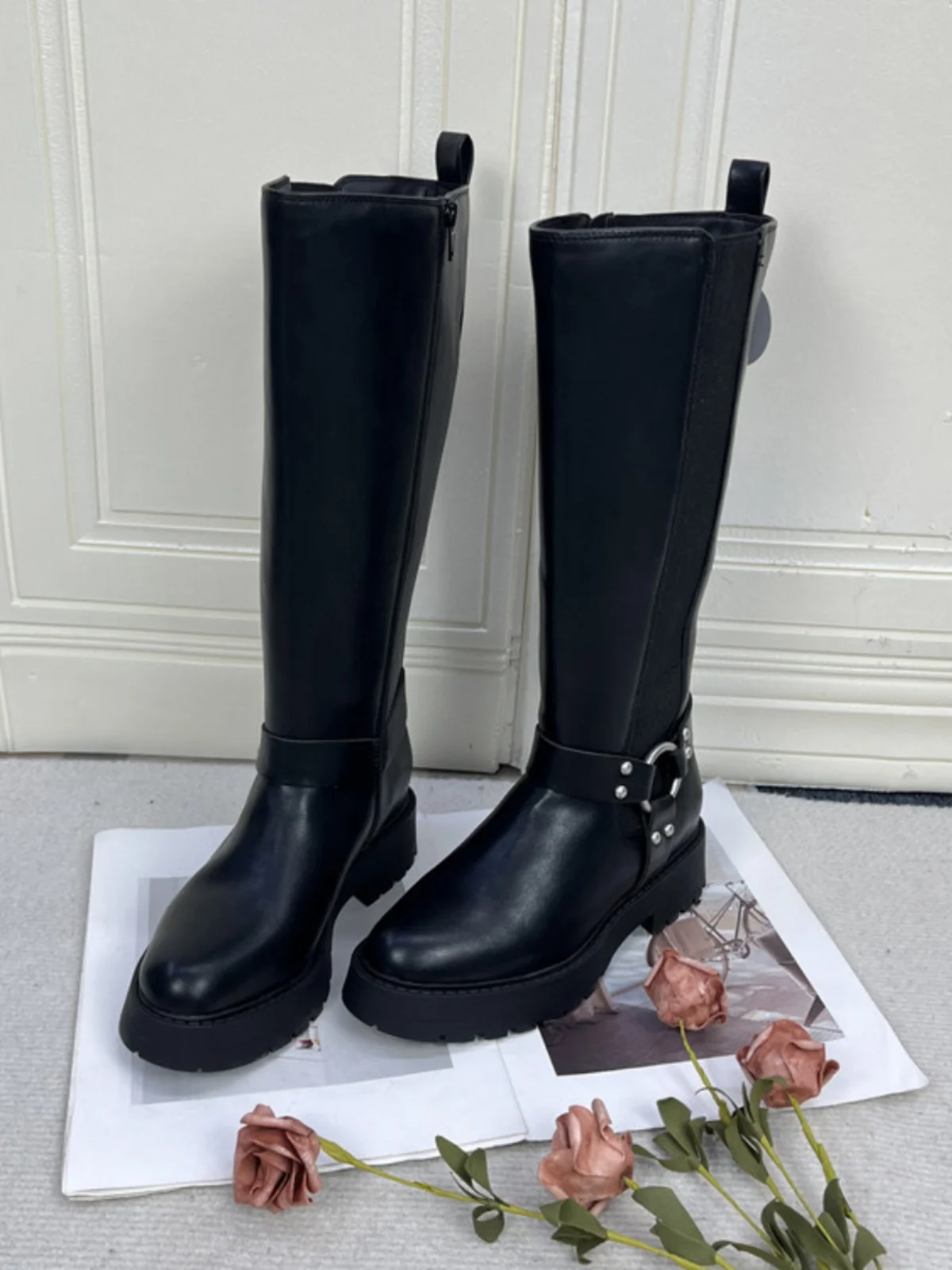 

Модные удобные женские высокие сапоги с круглым носком на каблуке и молнией сбоку, высокие сапоги из ультратонкого волокна из искусственной кожи