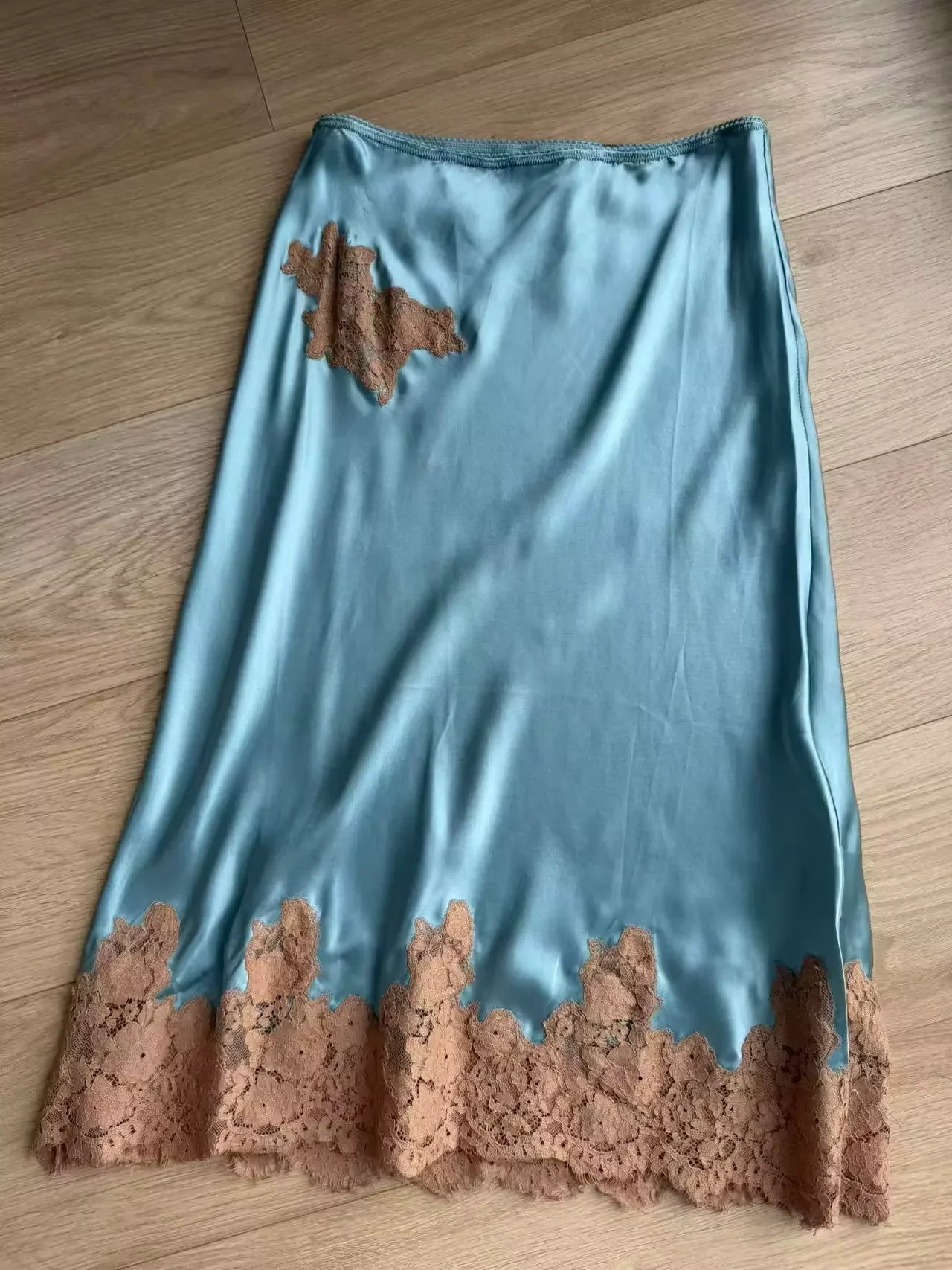 100% Silk Women's Lace Spliced Hem Elastic Waist A-Line Elegant Blue Satin Skirt