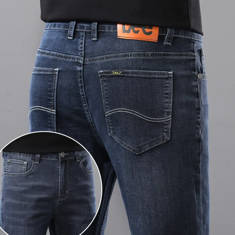 Leettu الربيع الصيف رقيقة الأعمال الجينز الرجال فضفاضة مستقيم الساق مرونة منتصف العمر عالية الخصر غسلها السراويل الزرقاء #4
