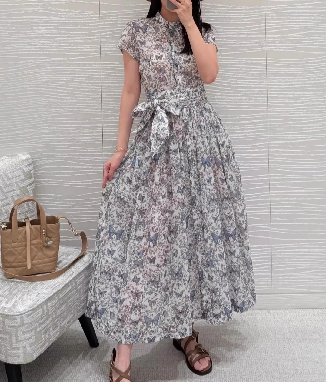 فستان أنيق برباط مطبوع على شكل فراشة للنساء برقبة دائرية وأكمام قصيرة ملابس خروج فيستدوس بودي كون قماش أنيق عتيق للسيدات #1