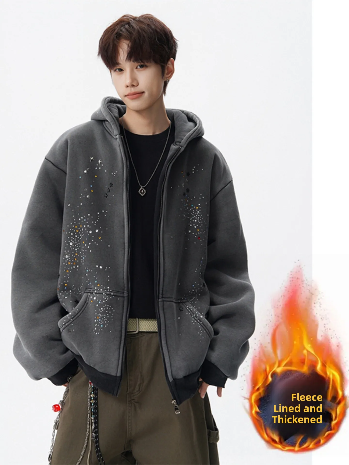 

Мужская зимняя модная универсальная толстовка-куртка American High Street Starry Hoodie с капюшоном, утепленная флисом