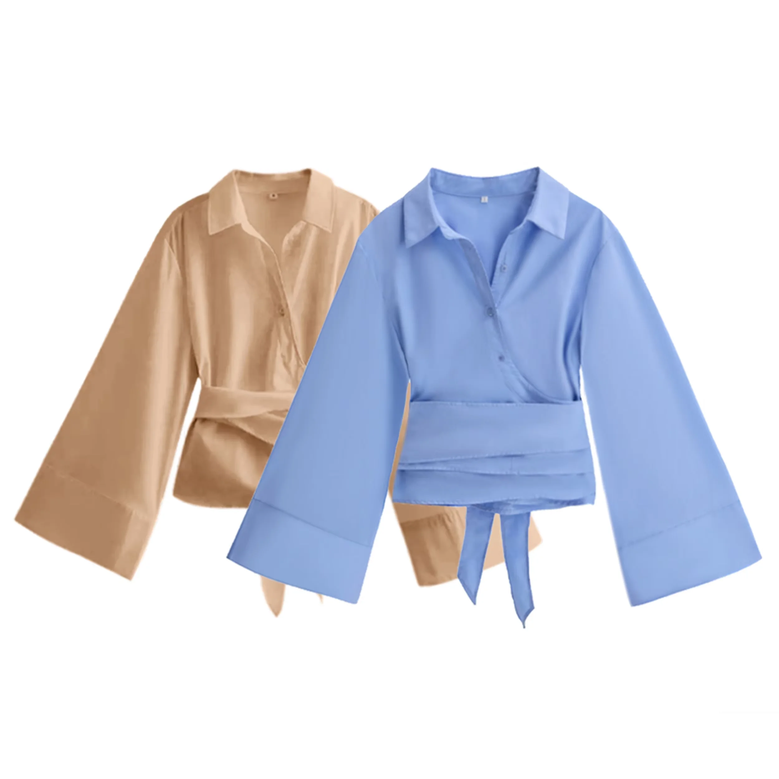 Primavera 2025 Ropa de mujer Moda francesa Cinco tonos Doble frente Popelina Corbata Manga larga Volantes con lazo Botón frontal Mini Top