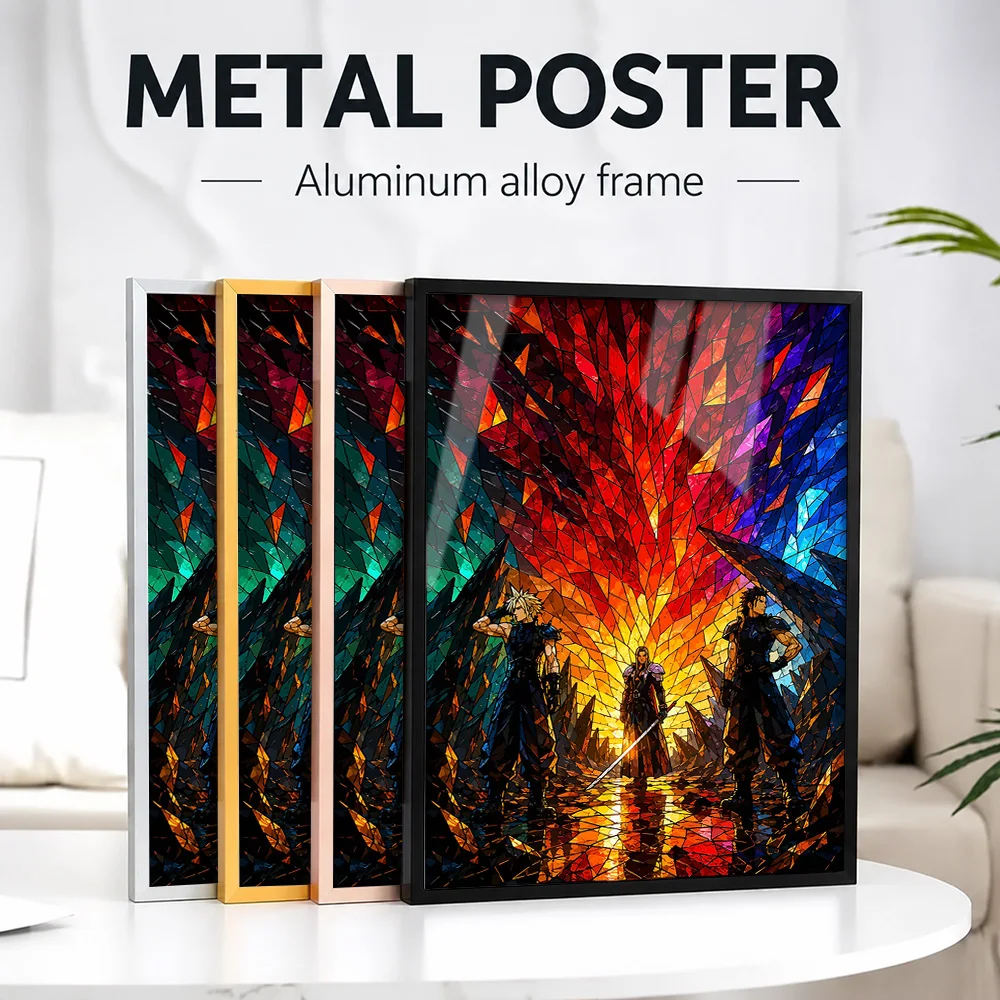 Final Fantasy VII Stained Glass Framed Metal Poster Personalized Photo Dark Medieval Style Wall Art For Library Collector Gift