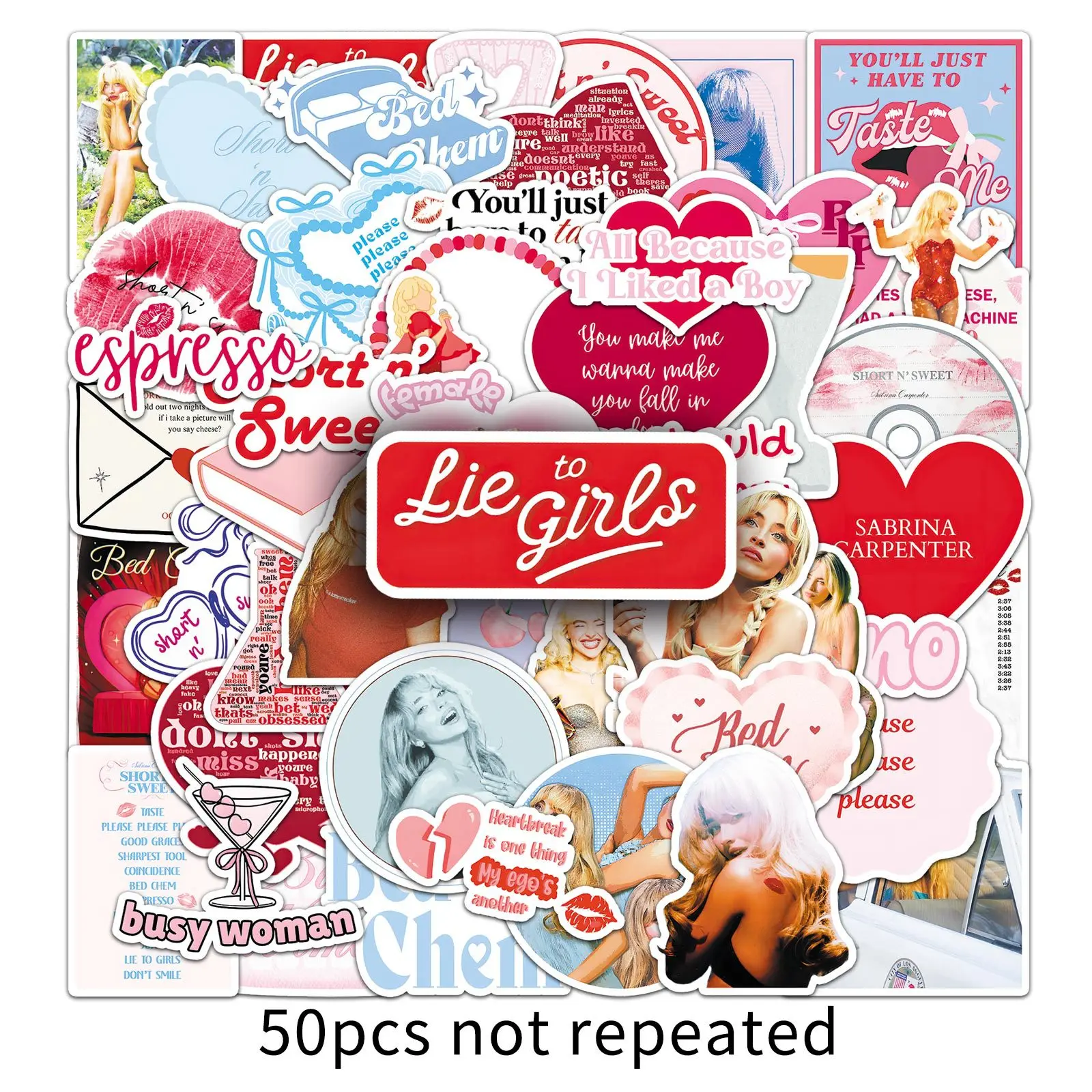 50 Stück Sabrina Carpenter Aufkleber Lustige Sängerin-Sticker Dekoration DIY Album Skateboard Gitarre Laptop Tasse Auto Kinder Graffiti Spielzeug