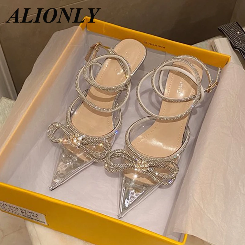 

Alionly 2026 New Fashion Glitter Rhinestones Women Pumps Crystal Bowknot Silk Pointed Toe Strap Thin High Heels Party Shoes