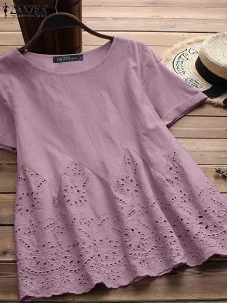 ZANZEA Vintage Summer Lace Crochet Blouse Women Elegant O Neck Short Sleeve Tops Casual Loose Work Shirt Female Embroidery Blusa