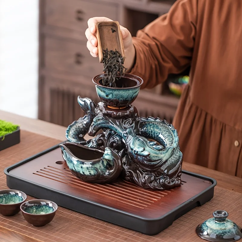 Coiling Dragon keramische theepotset - roterende uitloop luie brouwer, moeiteloos gieten, premium theerituele collectie