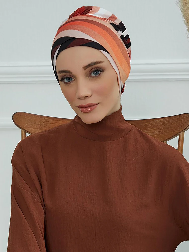 Floral Muslim Hijab Islamic Instant Turban Woman Striped Pattern, Flower Shaped Decoration