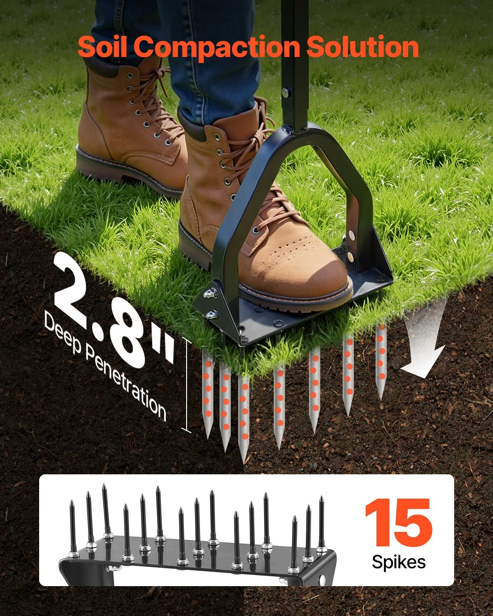 

Аэратор для газона, ручной инструмент для аэрации с 15 железными шипами, длиной 9,2 дюйма, с длинной ручкой и широкой пластиной, сверхпрочный инструмент для аэрации газона.