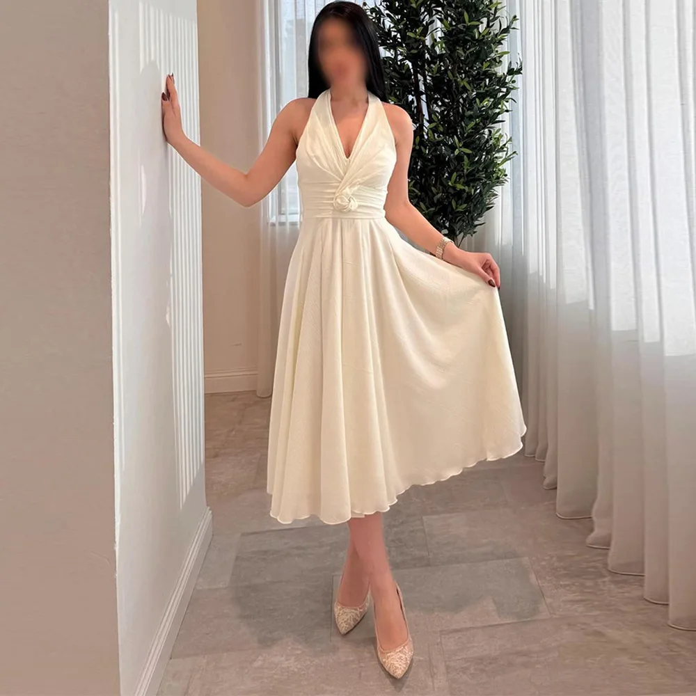 

Customized Simple A-Line Halter Evening Dress Sleeveless Party Dresses High Quality Tea Length Zipper Back Homecoming Dress