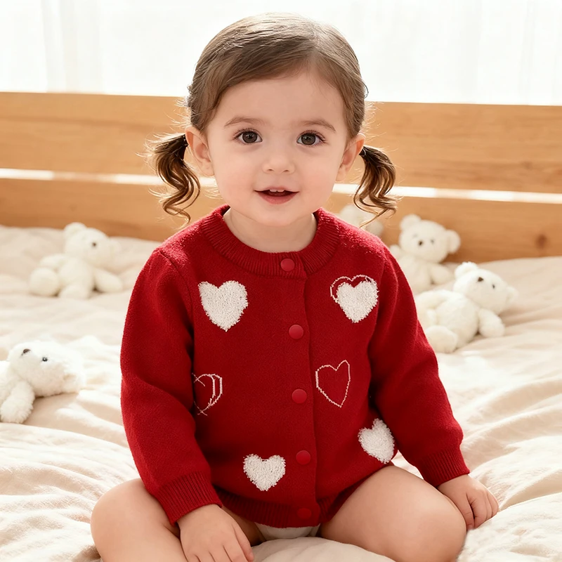 عيد الميلاد الوليد طفلة محبوك الخريف سترة طويلة الأكمام الشتاء سترة الصلبة فضفاض القلب بلايز عادية 3M-6Y الاطفال الملبس #1