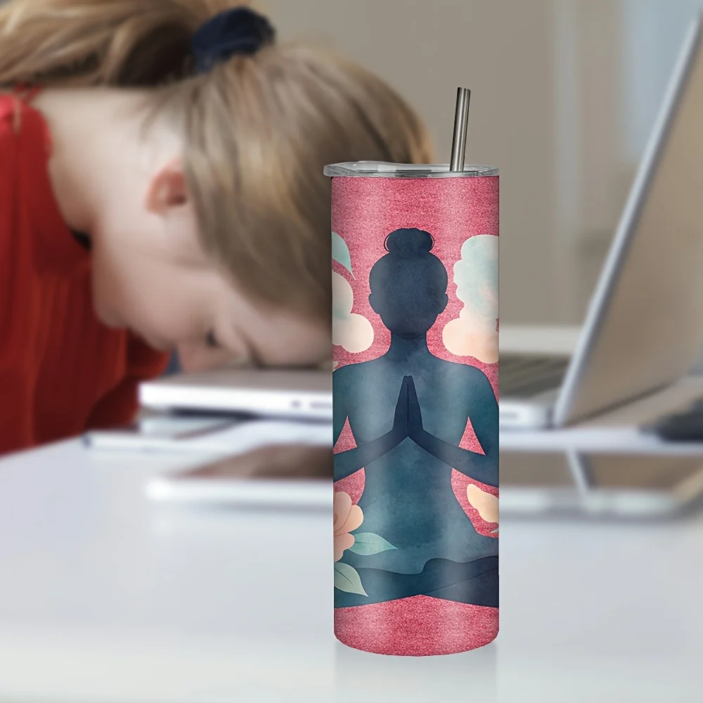 1pc/20oz/590ml/Double Wall Stainless Steel Insulated Skinny Tumbler with Straw And Lid,Outdoor Travel Coffee Mug,Meditative Figure Silhouette with Watercolor Floral Decor,Burgundy Textured Backdrop,Ideal Festive Gift,Special Gifts for Friends