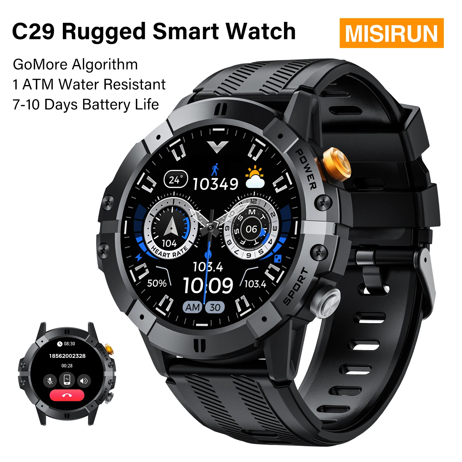 

Смарт-часы MISIRUN C29 1.52 дюйма для мужчин, водонепроницаемые (1ATM), аккумулятор 410 мАч, голосовые вызовы, мониторинг сердечного ритма и здоровья, для спорта на открытом воздухе