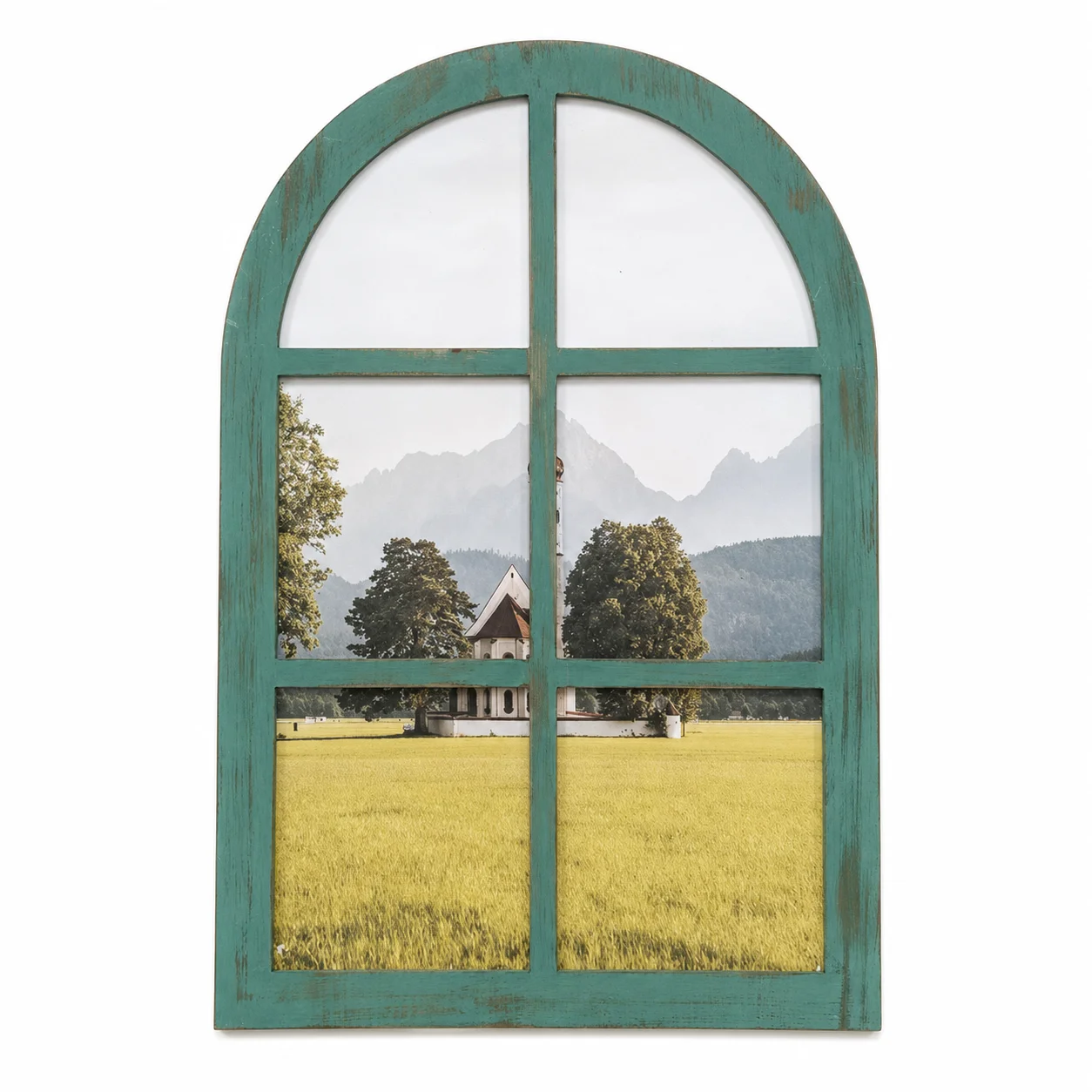 vintage-arched-window-wall-art-with-scenic-landscape-print-distressed-green-mdf-faux-window-frame-farmhouse-wall-decor-50×74cm