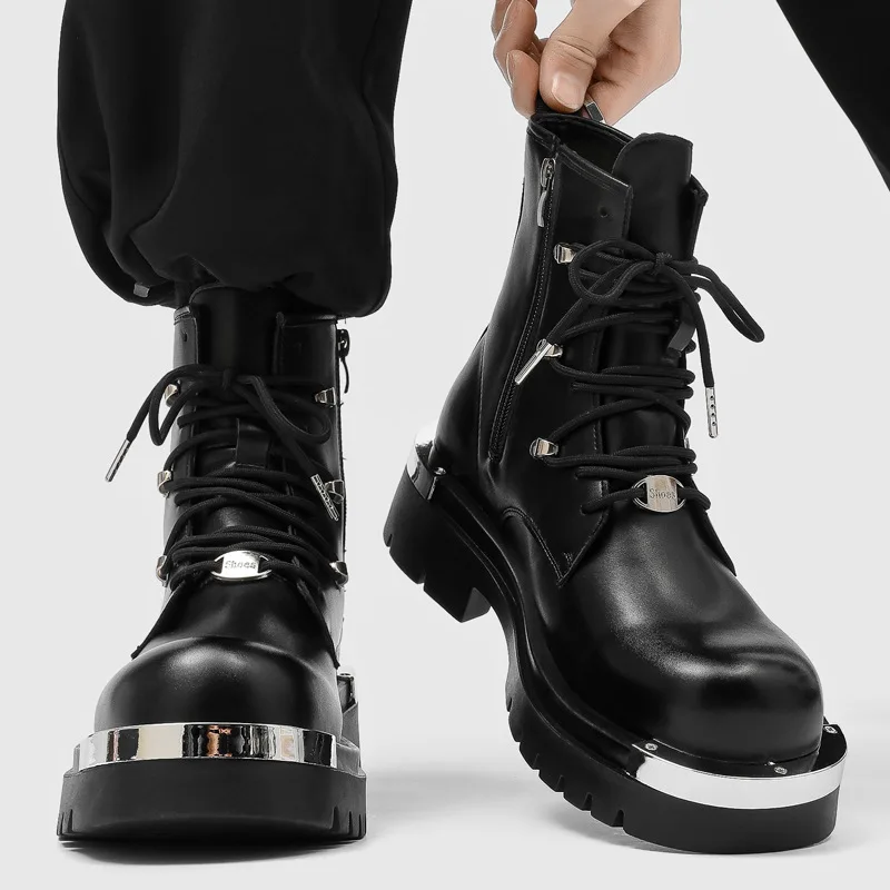 big size men's fashion stage nightclub high motorcycle boots black designer shoes cowboy natural leather boot platform botas man