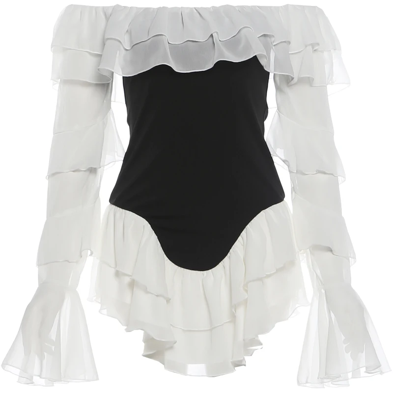 Weird Puss Elegantes, gestuftes Kleid für Damen, Herbstmode, Mesh-Patchwork, ausgeschnittener Ausschnitt, Glockenärmel, unregelmäßiger Saum, Party, sexy, figurbetont – Detail 2