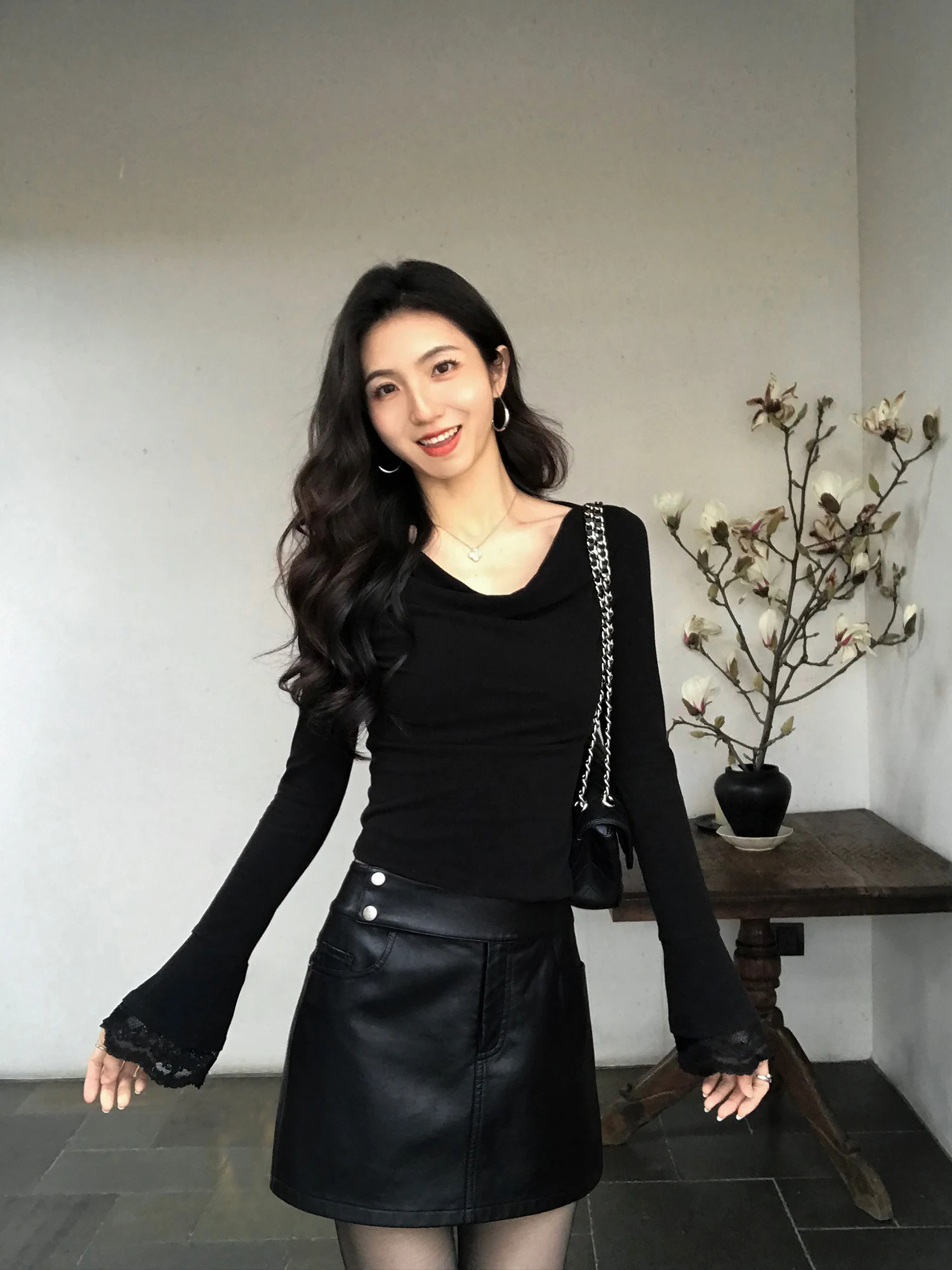 

Mulvan Galaxy adient Retro PU Leather A-Line Skirt Women's Slimming Design ort Skirt Casual Sle mid Waist