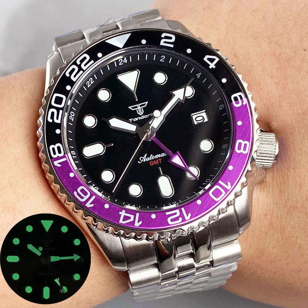 Tandorio Dive 41mm Black Purple NH34 GMT Steel Automatic Watch Men 24 Hours Chapter Ring 120click Bezel Sapphire SKX 3.8 Crown