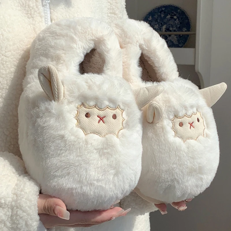 

Comwarm Cute Lamb Furry Slippers Women Winter New Cartoon Thick Plush Slippers Female Bedroom Soft Cozy Warm Fluffy Home Shoes