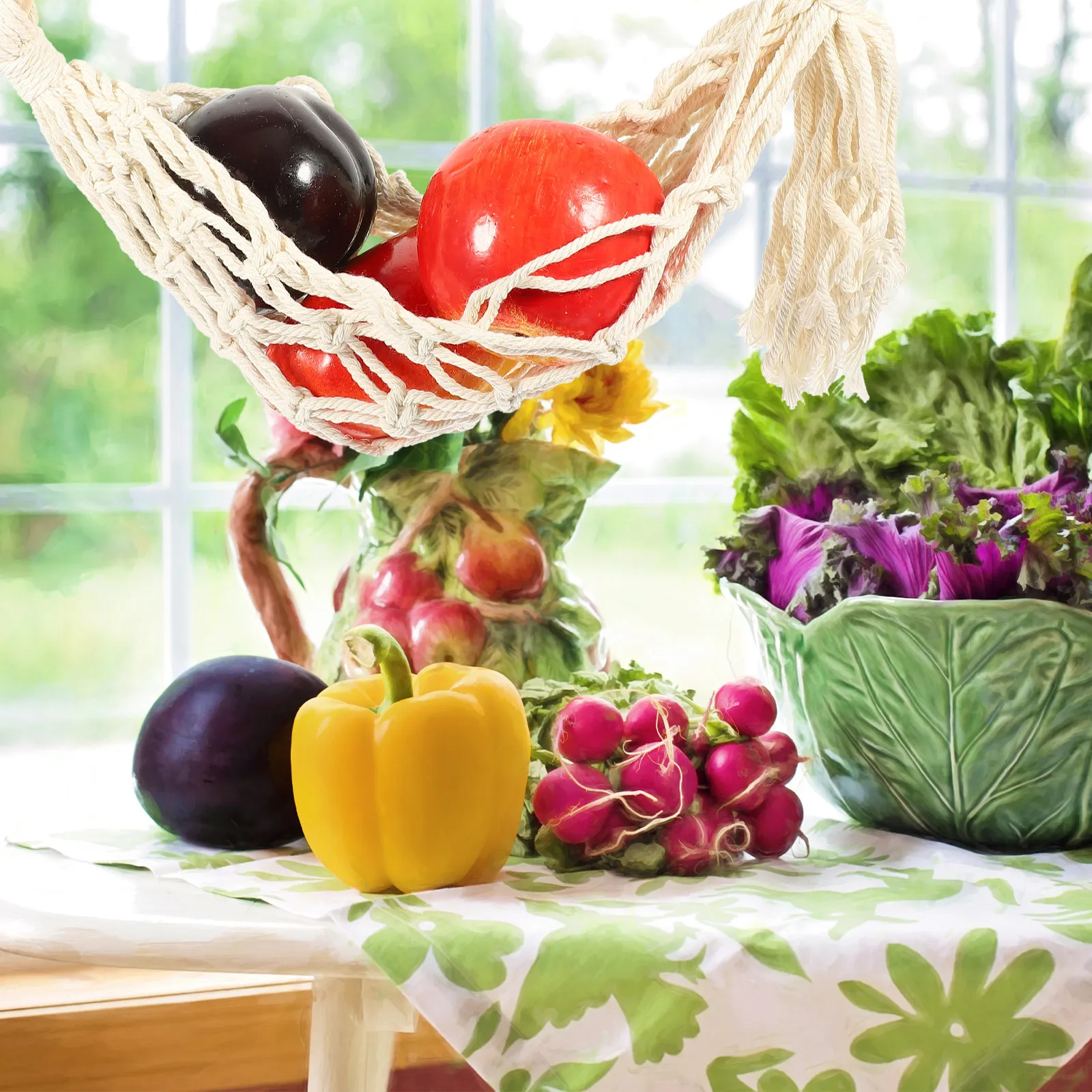 1Set Kitchen Fruit Hammock Hanging Vegetable Holder for Bananas Potatoes Onions Garlic Space Efficient Woven Net Storage view 5