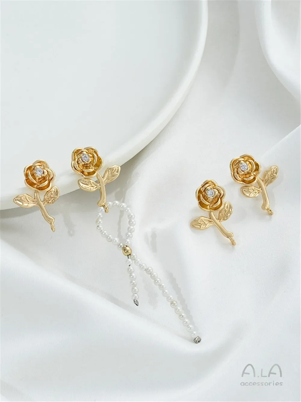 

14K Gold-Plated Leaves with Hanging Rose Earrings, Handmade DIY Earrings Accessories, Hand-made Ear Jewelry Materials