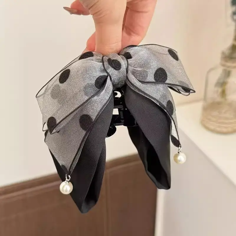 Elegant Gray Polka Dot Bow Hairpin For Women Girls High-end Temperament Ponytail Hair Claw Fashion Hair Accessories Gift view 2